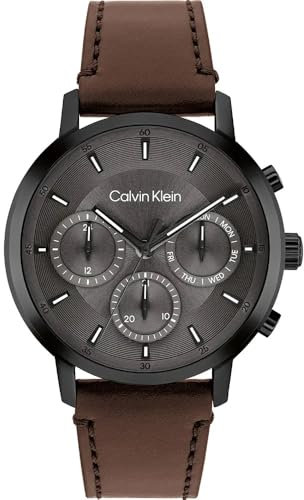 Calvin Klein Multi Zifferblatt Quarz Uhr für Herren Kollektion Gauge mit Braunes Lederarmband - 25200498
