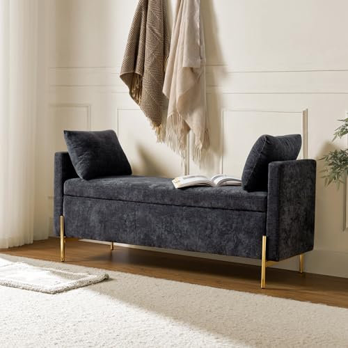 HULALA HOME Modern Storage Bench Ottoman with Arms & Metal Legs, Chenille Fabric and Upholstered Cushioned Adjustable Subdivided Box for Entryway Bedroom Living Room, BLACK