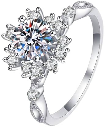 Mesnt Ring Weißgold 585, 14 Karat Weißgold Ring für Damen Schneeflocke mit im Labor hergestelltem Diamanten, Größe 52 (16.6)