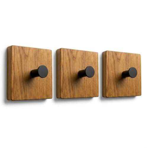 Kleiderhaken Wandgarderobe Holz Eiche Schwarz Design modern Flurgarderobe Garderobenhaken Paneel Wandhaken Jugendzimmer Badezimmer Natur Garderobe Flur Wandhaken Garderobe Holz Quadrat, 3 Stück