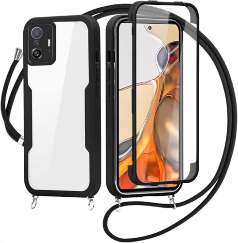 Handykette für Xiaomi 11T/Xiaomi 11T Pro Hülle mit Band,Transparent 360 Grad Rundumschutz Schutzhülle mit Integriertem Displayschutz Stoßfest Ultradünn Silikon Handyhülle für Xiaomi 11T Pro,Schwarz