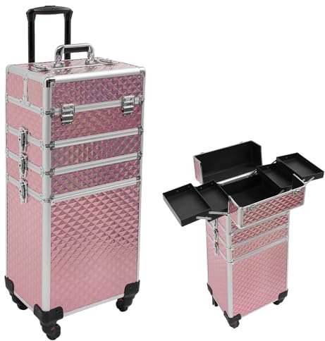 Kosmetikkoffer Schminkkoffer 4-in-1, Kosmetik Trolley mit Rollen und Schublade, 35×25×100cm Abschließbarer Multikoffer Makeup Koffer, Alu Kosmetikkoffer Groß für Reise, Friseure, Visagisten (Rosa)
