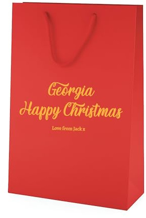 COOKIES AND KOALAS Red Christmas Gift Bag - Medium Tall 25x36x10cm Foil | Any name in gold or silver metallic print on matt card - rope handle, ready for secret santa, him, her or family, UK printed