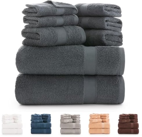 Todocama Badetücher-Set aus 100% Baumwolle (550 g/m²), extra weich, hohe Saugfähigkeit und schnell trocknend, 2 Badetücher, 2 Handtücher und 4 Gesichtstücher (Dunkelgrau)