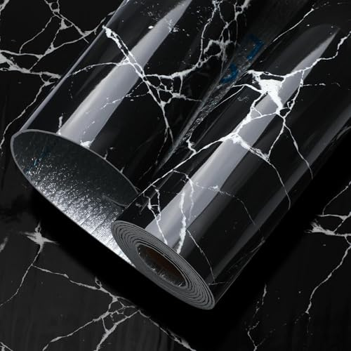 Anttyscar 5Roll Black Thicken Thermal Self Adhesive Wallpaper Black Marble Peel and Stick Wallpaper Waterproof Vinyl Wall Panels for Living Room Bedroom Bathroom Kitchen Splashback 300cm x 40cm