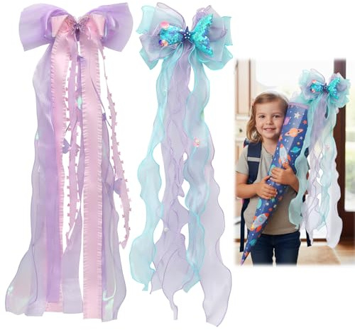 Schultüten-Schleife, 2 Stück, große dekorative Schultüten-Schleifen, 20 x 60 cm, Meerjungfrau und Schmetterling, Satinband, Schleife, blau-rosa Schleife für Mädchen, Studenten, Wickelgeschenk