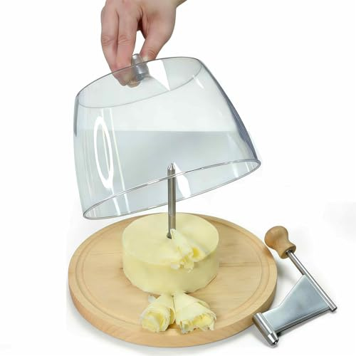 SAYEYBU Cheese Curler Professional, Cheese Curler with Dome Including Dome, Ergonomic Handle Rotating, Cheese Flower Cutter Chocolate Enhance Cooking Wooden Base Stainless Steel