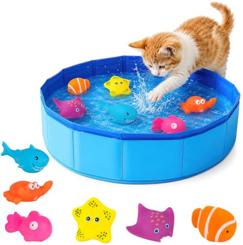 SilverChry Katzen Pool, 30x10cm Faltbare Katzenpool, Wassermatte Katze mit 6 Schwimmspielzeug - Katzen & kleine Hunde, Ideal zum Spielen, Planschen und Abkühlen im Sommer