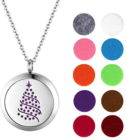 JewelryWe Weihnachten Aromatherapie Halskette Damen: Silber Edelstahl Schneeflocken Weihnachtsbaum Diffusor Ätherische öle öffenbar Floating Medaillon Locket Anhänger Kette mit 10 Bunt Filzkreisen