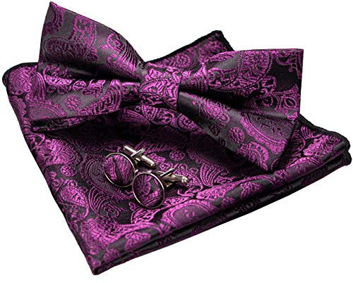JEMYGINS Lila Paisley Fliege und Einstecktuch mit Manschettenknöpfe Sets für Herren (Lila2)