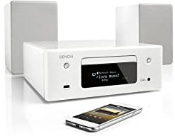 Denon CEOL-N10 Mini système HiFi avec lecteur CD, système audio pour TV, Bluetooth, 2 entrées optiques, compatible Google Assistant / Siri / Alexa, streaming de musique, HEOS Multiroom – Blanc
