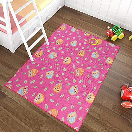 TAPISO Nino Teppich Kurzflor Kinderteppich Kinderzimmer Rosa Pink Bunt Mehrfarbig Modern Eulen Spielteppich Design 200 x 300 cm