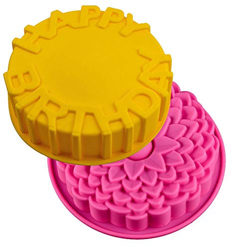 JAHEMU Moule en Silicone Antiadhésif Happy Birthday Moules à Gâteau Forme de Fleurs Chrysanthème Moule de Cuisson Gâteaux Pâtisseries Pain Tartes Plateaux de Cuisine pour Fête d'anniversaire 2 PCS
