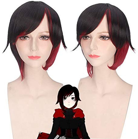 GHK RWBY Ruby Rose Schwarz Rot Ombre Anime Cosplay Perücke Kurze Gerade Halloween Kostüm Kunsthaar Perücken Für Frauen 35 cm