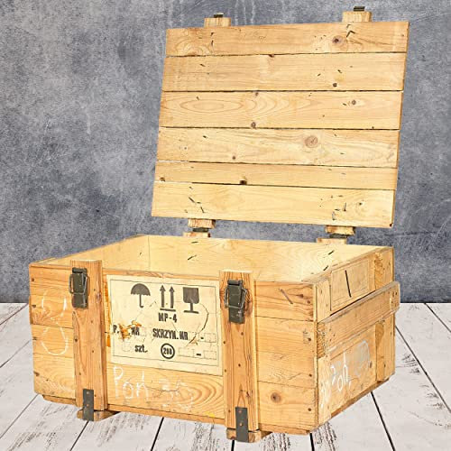 Vintage Möbel 24 GmbH Große Munitionstruhe im Naturton, 78x59x41cm - Militär Truhe Offizierskoffer Aufbewahrungskiste Munitionsbox Militaria