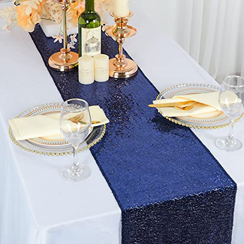ShinyBeauty Sequin Table Runner 12x72 - Navy Blue Glitter Linen for Dining, Wedding, Halloween, Event Party Decor