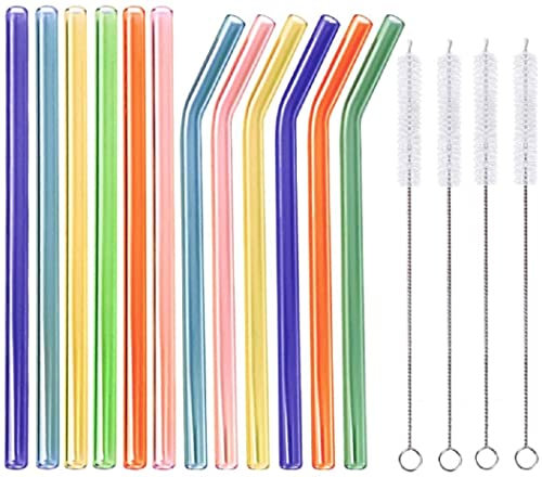 Glas Strohhalme, 12er Set mit 4 Reinigungsbürsten, Glas-Trinkhalme aus hochstabilem Laborglas Wiederverwendbar,Umweltschonend