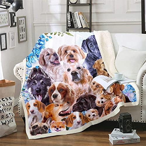 Hund Flanell Fleecedecke Niedlich Karikatur Mops Hunde Collage Super Kuscheldecke Haustier Welpen Tier Design Decke 150x200cm Verschiedene Welpen Bulldog Muster Wohndecke für Schlafsofa Couch