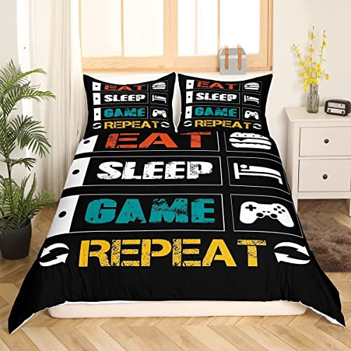 Jungen Spiele Bettwäsche jugendliche gamer bettwäsche 135x200cm Essen Schlaf Spiel Wiederholen Design Bettbezug Set junge Videospiel Regler Gamer Bettwäsche Set Bunt Graffiti Gamepad Bettwäscheset