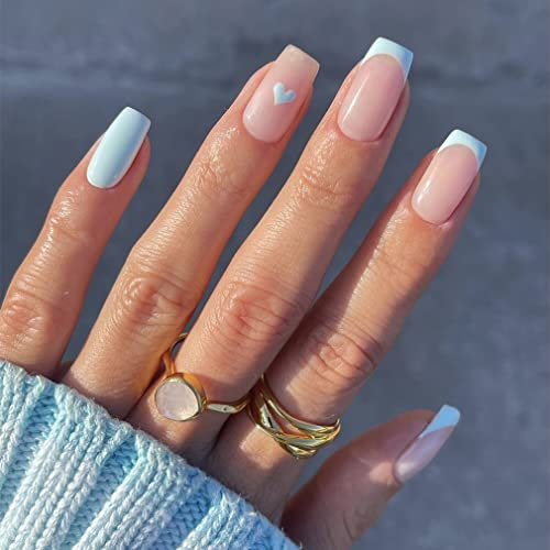 Sethexy Valentine's Day Blue French Tip Pink Fake Nail Short Square False Nails Blue Love Heart Press on Nails Glossy Reusable Glue on Nail 24Pcs Acrylic Stick on Nails for Women and Girls Nail Art