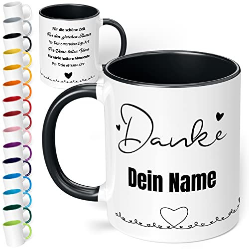 Dankeschön Geschenk für Freunde & Kollegen: Tasse „Danke für die schöne Zeit“ - personalisiert mit Namen 330ml Keramik Kaffeetasse mit Spruch als Abschiedsgeschenk (Schwarz)