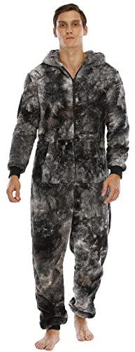 QIYUANT Pigiama Uomo Intero Felpa con Cappuccio in Pile Caldo Morbido Cerniera Intera Autunno Inverno Primavera Adulto Tuta Monopezzo con Tasche (Nero Grigio XXL)