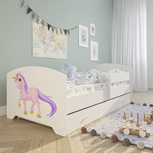 Kids Collective Kinderbett 80x160 cm mit Matratze und Schublade, Rausfallschutz & Lattenrost mit Einhorn Design, Bett für Jungen und Mädchen, Skandi Einhorn