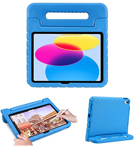 TNP Kids Case for iPad 10th Gen, Shockproof EVA Case Cover with Rotating Handle Stand, Blue