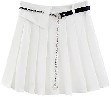 Damen Plisseerock Skaterrock mit Gürtel, Gothic, Kawaii, kariert, Mini-Tennisrock mit hoher Taille, mit Futter, Shorts, Gothic-Stil, 04 weiß + Herzkette, X-Groß