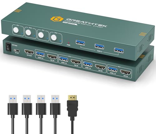 KVM Switch HDMI 4K@60Hz for 4 Computers Share 1 Monitor, KVM Switch 4 Port with 4 USB 2.0 Ports Share Keyboard Mouse, Button Switch, Plug and Play, with 4 HDMI and 4 USB Cables…