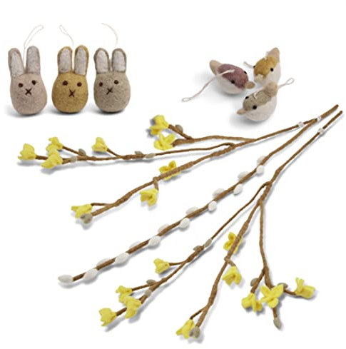 Gry & SIF handgemachtes Ostergesteck aus Filz, Frühlingsdeko, Osterdeko im Set mit Osterschmuck, Osterhasen, Vögeln, Forsythien- und Palmkätzchen-Zweige | Ostergesteck 9-teilig