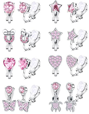CASSIECA 8 Paare Ohrclips für Mädchen Clip On Ohrring Kinder No Piercings Ohrringe Blumen Schmetterlinge Katzenpfoten Sterne Herz Hypoallergen Ohrringe Zirkon Mädchen Verkleiden Sich Schmuck