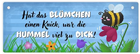 Dicke Hummel auf Blumenwiese Metallschild mit Spruch hat das Blümchen einen Knick war die Hummel viel zu dick! als Dekoration im Garten oder Geräteschuppen
