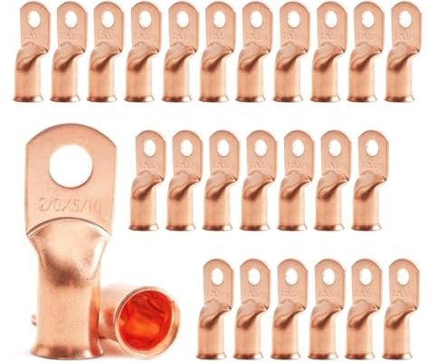 2/0 AWG 5/16 Stud (25pcs) Heavy Duty Battery Ring Terminals 00 Gauge Connectors 2/0 Copper Lugs Copper Ring Terminals Battery Cable Ends Tube Ring Terminals Connectors