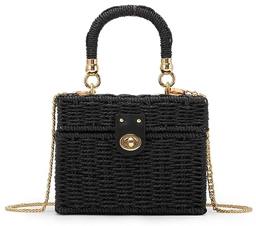 Fecialy Women Handwoven Rattan Handbag Beach Straw Tote Bag Square Boho Crossbody Bag,Black
