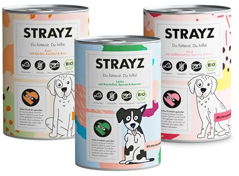 STRAYZ - Bio Hundefutter nass - Probierpaket | Rind, Pute & Lachs | Getreidefreies Nassfutter für Hunde - 100% Bio, ohne Zucker & ohne Bindemittel - 3x400g