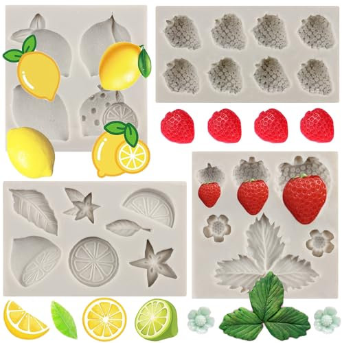 MYPRACS 4 Stück Zitronen Fondant Formen Erdbeer Silikonform Sommerfrucht Blume Süßigkeiten Schokoladenform Zitronenscheiben Harzform für Kuchendekoration Cupcake Topper Gummipaste Polymerton