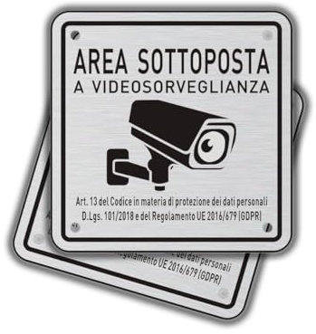 Felexdo 2 Cartelli Area Videosorvegliata in Alluminio con Avviso GDPR, 10x10cm Cartello Videosorveglianza con Adesivo Cartelli videosorveglianza per negozio e proprietà privata lunga durata nel tempo