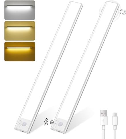 Under Cabinet Kitchen Lights, 146 LED Motion Sensor Lights Indoor, 40CM USB-C Rechargeable Cupboard Lighting 3 Color Temperature Dimmable Wireless Wardrobe Light for Kitchen, Closet, Stair (2 Pack)