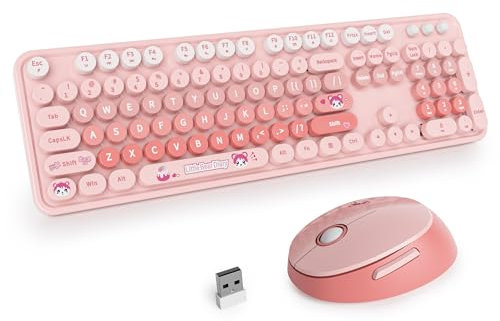 SOLIDEE Wireless Keyboard and Mouse Combo,Retro Typewriter Keyboard,2.4GHz Round Keycap Computer Keyboard with Number Pad,104 Keys Full Size Ergonomic Kawaii Keyboard(US Layout QWERTY)(Diary Pink)