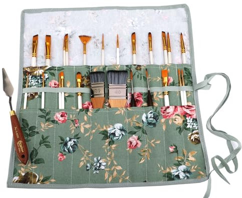 Amoyie Sets de Pinceaux de Peinture, 10 Pinceaux Peinture Nylon avec Trousse en Tissu pour Acrylique, Aquarelle, Gouache et Huile, Vert Blanc