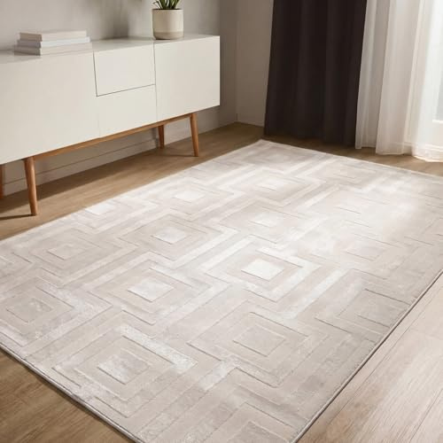 benuta Basic Teppich Claire - Creme 200x300 cm - Minimalistischer Wohnzimmerteppich im Geometrischen Retro-Stil - Pflegeleicht - Fußbodenheizung Geeignet