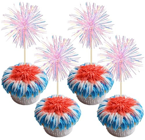 Gyufise 20Pcs Foil Firework Cupcake Toppers Sparkle Tinsel Cake Toppers Tinsel Drink Cake Decoration Cocktail Picks for Birthday Wedding Graduation Party Supplies Laser Pink