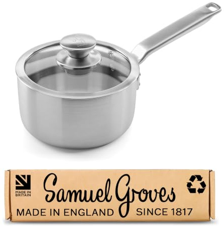 Samuel Groves 16cm Stainless Steel Tri-Ply Saucepan with Lid, Elegance Range UK Made Sauce Pan, PFAS-Free Uncoated Stainless Steel, Induction Compatible, Oven Safe, Handmade Professional Cookware