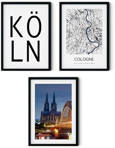 MJ-GRAPHICS® - Köln Wandbilder Wohnzimmer Cologne Kölner Dom Stadtkarte Poster, 3x A4, Bilder Wohnzimmer, Bilder Schlafzimmer, Leinwandbild, Büro Schlafzimmer, Wanddeko ohne Rahmen