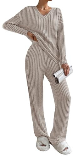 Yutdeng Tuta Donna 2 Pezzi Set Maniche Lunghe con Scollo a V e Pantaloni a Gamba Larga con Tasche Casual Completo Sportiva Set Pigiama a Costine Tuta da Ginnastica,da Jogging,da Casa,Albicocca,S