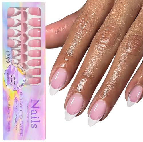 GZMAYUEN Press On Nails Almond - 150Pcs Pink White French Tip Nails, 3 IN 1 Soak Off Short Nail Fake Tips for Gel Extensions in 15 Sizes