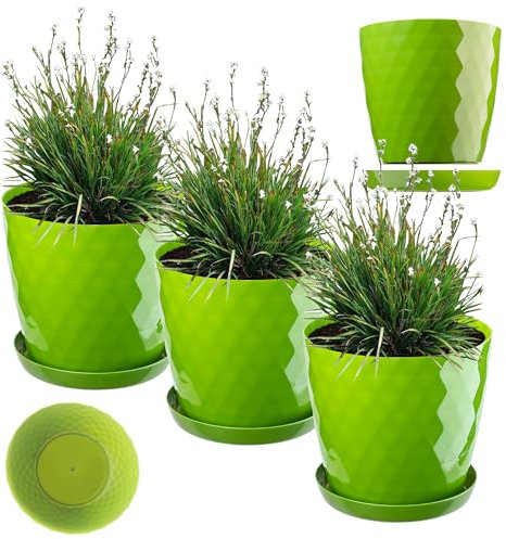 KADAX Pot de Fleurs en Plastique avec Soucoupe Intégrée, Pot de Plante pour Une Décoration Florale Moderne dans l'espace Interieur (Lot de 3 : Vert, 30 cm)