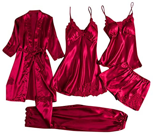 Hkdjaess Femme Ensembles De Pyjama Sexy Respirant Sexy Ensemble Femme Blanc Sleepwear 5 Pièces Dentelle Rose Vêtements De Nuit Automne Mignon Pas Cher Chic