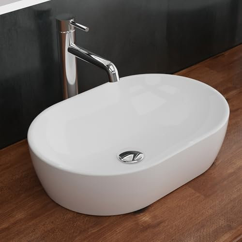 Alpenberger Waschbecken 60 cm Breit | Aufsatzwaschbecken Oval | Waschschüssel für Badezimmer und Gäste WC | Waschtisch Klein Waschschale | Kleines Waschbecken ohne Hahnloch